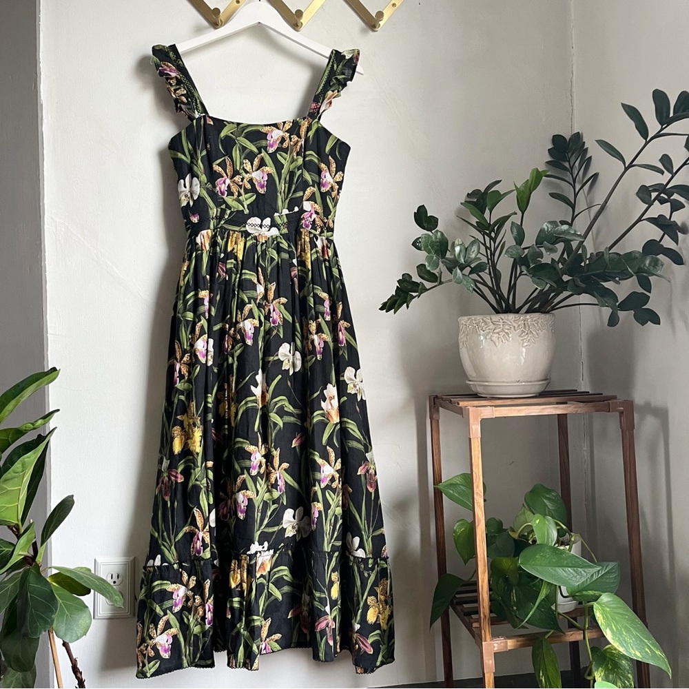 Agua Bendita Black Floral Midi Dress